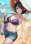  1girl 2boys absurdres bag bangs bare_arms bare_shoulders beach bikini black_hair blue_bikini blue_shorts blurry blurry_background blush breasts cleavage collarbone commentary_request hat highres kagematsuri large_breasts looking_at_viewer multiple_boys navel original outdoors parted_lips purple_eyes short_hair short_shorts shorts shoulder_bag solo_focus straw_hat swimsuit thighs twitter_username water 