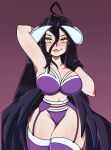  absurd_res albedo_(overlord) big_breasts breasts cleavage clothed clothing demon demon_humanoid female hair hi_res horn horned_humanoid humanoid lingerie long_hair looking_at_viewer midriff navel not_furry overlord_(series) purple_hair simple_background smile smiling_at_viewer solo tcullenda thick_thighs wings yellow_eyes 