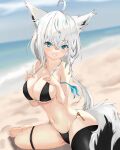  1girl absurdres ahoge ame_flame animal_ear_fluff animal_ears arm_ribbon bangs beach bikini black_bikini black_thighhighs blurry blurry_background blush braid breasts cloud cloudy_sky commentary_request day double_fox_shadow_puppet fox_ears fox_girl fox_shadow_puppet fox_tail green_eyes hair_between_eyes hand_on_own_chest highres hololive key large_breasts long_hair looking_at_viewer navel ocean outdoors ribbon shirakami_fubuki sidelocks single_braid single_thighhigh sitting sky smile solo swimsuit tail thigh_strap thighhighs virtual_youtuber wariza white_hair 