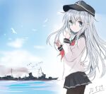  1girl black_headwear black_pantyhose black_sailor_collar black_skirt blue_eyes core_(mayomayo) cowboy_shot flat_cap hat hibiki_(destroyer) hibiki_(kancolle) kantai_collection long_hair looking_at_viewer neckerchief object_namesake pantyhose pleated_skirt red_neckerchief sailor_collar school_uniform serafuku skirt solo white_hair 