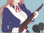  1girl asmr breasts girls&#039;_frontline gloves gun head_out_of_frame holding holding_gun holding_weapon large_breasts long_hair m1903_springfield orange_hair parted_lips rifle shimogami_migihidari solo springfield_(girls&#039;_frontline) very_long_hair weapon white_gloves 