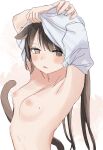  1girl animal_ears armpits arms_behind_head arms_up artist_self-insert blush breasts brown_eyes brown_hair highres long_hair looking_at_viewer medium_breasts mole mole_on_breast mole_on_neck nude original puffy_nipples seno_(senokuni) shirt sketch solo tail undressing upper_body wavy_mouth white_shirt 