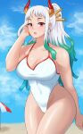  1girl :o baracco bare_shoulders beach beach_umbrella breasts cleavage earrings english_commentary gradient_hair green_hair hand_in_own_hair highres hoop_earrings jewelry large_breasts multicolored_hair one-piece_swimsuit one_piece ponytail red_eyes sand sidelocks swimsuit thighs umbrella white_hair white_swimsuit yamato_(one_piece) 
