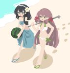  akashi_(kancolle) aqua_bikini bb5_hz bikini black_hair blunt_tresses flower gradient_bikini green_eyes hair_flower hair_ornament hair_ribbon hairband kantai_collection long_hair low-tied_long_hair no_lineart official_alternate_costume ooyodo_(kancolle) pink_hair ribbon sandals sarong strapless strapless_bikini swimsuit tress_ribbon walking wrench 