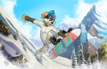  2022 4_fingers anthro bent_legs biped black_clothing black_footwear black_nose black_shoes blue_eyes blue_head_tuft blue_sky blurred_background brown_body brown_fur canid canine canis cheek_tuft clothing cloud cold collar cute_fangs day detailed_background digital_media_(artwork) domestic_dog eyebrows eyewear eyewear_on_head facial_tuft featureless_crotch fingerless_(marking) fingers floppy_ears footwear fur glistening glistening_eyes gloves_(marking) goggles goggles_on_head head_tuft husky lucky_fluffsky male mammal markings midair mostly_nude mountain nordic_sled_dog open_mouth open_smile outside pandapaco photoshop pink_inner_ear plant plantigrade shoes signature sky smile snow snowboard snowboard_trick snowboarding solo spitz tongue tongue_out tree tuft weddle_grab white_body white_fur 