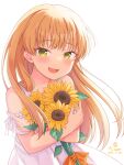 1girl bangs bare_shoulders blonde_hair collarbone commentary_request dated dress flower highres idolmaster idolmaster_cinderella_girls idolmaster_cinderella_girls_starlight_stage jougasaki_rika kaiware-san long_hair object_hug signature simple_background solo sunflower white_background white_dress yellow_eyes yellow_flower 