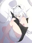  1girl absurdly_long_hair ahoge animal_ears bangs bare_legs bare_shoulders black_hairband black_shirt braid closed_eyes closed_mouth duckdu fetal_position fox_ears fox_girl fox_tail hairband highres hololive long_hair low_ponytail lying on_bed on_side panties shirakami_fubuki shirt shirt_slip side_braid sidelocks sleeping solo t-shirt tail tail_hug thighs underwear very_long_hair virtual_youtuber white_panties 