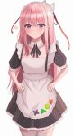  1girl absurdres alternate_costume aohane apron enmaided hand_on_hip hands_on_hips hata_no_kokoro highres long_hair looking_at_viewer maid maid_apron maid_headdress pink_hair ribbon short_sleeves solo thighhighs touhou white_apron 