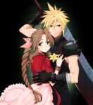  1boy 1girl 2020 aerith_gainsborough arm_up armor black_background black_gloves black_pants black_sweater blonde_hair blue_eyes bow bracelet brown_hair closed_mouth cloud_strife dated final_fantasy final_fantasy_vii floating_hair flower gloves grey_eyes hair_bow hair_intakes holding holding_sword holding_weapon jacket jewelry krudears long_hair long_skirt looking_at_viewer pants pink_bow pink_skirt red_jacket ribbed_sweater short_hair short_sleeves shoulder_armor sidelocks skirt sleeveless sleeveless_sweater spiked_hair standing sweater sword turtleneck turtleneck_sweater very_long_hair weapon yellow_flower 