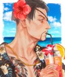  1boy aomi_nekosuki black_hair black_shirt blue_sky chain cloud commentary cup drink drinking_glass drinking_straw eyepatch facial_hair floral_print flower food fruit goatee gold_chain hair_flower hair_ornament irezumi majima_gorou ocean one-eyed open_clothes open_shirt orange_(fruit) orange_slice ryuu_ga_gotoku shirt short_hair sky summer sweat sweatdrop symbol-only_commentary tattoo 