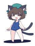  1girl :d animal_ears brown_eyes brown_hair cat_ears cat_tail chen earrings fried_rice0614 hat highres jewelry multiple_tails nekomata one-piece_swimsuit open_mouth piercing school_swimsuit single_earring smile solo swimsuit tail touhou two_tails 