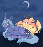  antlers blue_eyes blue_hair blue_tail curved_horn cutie_mark duo ears_back equid equine feathers female female/female feral fluttershy_(mlp) friendship_is_magic fur hair hasbro horn looking_at_another looking_at_viewer lying mammal moon moon_symbol my_little_pony orange_hair pegasus pivoted_ears princess_luna_(mlp) purple_body purple_eyes purple_fur sky star starry_sky winged_unicorn wings xxpansyxx yellow_body yellow_feathers yellow_fur 