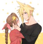  1boy 1girl aerith_gainsborough black_shirt blonde_hair blue_eyes blush bow brown_hair closed_eyes closed_mouth cloud_strife collarbone couple drill_ponytail final_fantasy final_fantasy_vii flower hair_bow hair_flower hair_ornament hetero jewelry krudears long_hair long_sleeves looking_at_another pink_bow red_shirt ring shirt smile spiked_hair upper_body white_background yellow_flower 