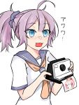  1girl ahoge aoba_(kancolle) blue_eyes blue_scrunchie camera commentary_request hamukiyo highres holding holding_camera kantai_collection neckerchief photo_(object) polaroid ponytail purple_hair purple_sailor_collar sailor_collar school_uniform scrunchie serafuku short_hair simple_background solo upper_body white_background yellow_neckerchief 