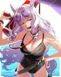  1girl animal_ears arm_up breasts gold_nails gold_ship_(legend_of_king_uma_-_the_strongest_in_question)_(umamusume) gold_ship_(umamusume) highres horse_ears horse_girl long_hair looking_at_viewer medium_breasts nail open_mouth solo sunglasses swimsuit tattoo ten_orc umamusume upper_body very_long_hair 