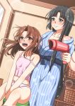  2girls ahoge alternate_hairstyle bath_yukata black_hair brown_eyes brown_hair camisole commentary_request cowboy_shot dutch_angle hair_down hair_dryer highres japanese_clothes kantai_collection kimono long_hair multiple_girls panties pink_camisole pink_panties shouhou_(kancolle) sosorin underwear yukata zuihou_(kancolle) 