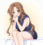  1girl 2019 aerith_gainsborough bangs bare_arms bare_legs bed_sheet black_sweater blush borrowed_garments brown_hair dated dress final_fantasy final_fantasy_vii green_eyes hair_between_eyes hair_intakes krudears long_hair looking_at_viewer open_mouth ribbed_sweater shiny shiny_hair shiny_skin simple_background sitting sleeveless sleeveless_sweater solo sweater sweater_dress turtleneck turtleneck_sweater very_long_hair white_background 