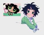  artist_name bangs black_hair buttercup_(ppg) buttercup_redraw_challenge_(meme) derivative_work frilled_sleeves frills green_eyes green_pajamas grey_background long_sleeves looking_at_viewer margaret_h meme messy_hair pajamas powerpuff_girls reference_inset screencap_inset screencap_redraw shadow short_hair 