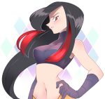  1girl argyle argyle_background black_hair breasts crop_top gloves hand_on_hip highres looking_at_viewer lucy_(pokemon) midriff multicolored_hair navel pokemon pokemon_(game) pokemon_emerald pokemon_rse purple_gloves red_eyes red_hair solo two-tone_hair vergolophus 