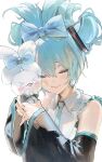  &gt;_&lt; 1girl :d absurdres aqua_bow aqua_hair aqua_necktie bangs black_sleeves blush bow cheek-to-cheek cinnamiku cinnamoroll closed_eyes closed_mouth collared_shirt creature crossover cuddling detached_sleeves facing_viewer frilled_shirt_collar frills grey_shirt hair_bow hair_ornament hatsune_miku heads_together highres holding holding_creature matching_outfit necktie open_mouth rsef sanrio shirt smile tied_ears updo upper_body vocaloid white_background wing_collar 