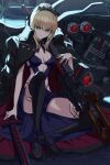  1girl artoria_pendragon_(alter_swimsuit_rider)_(fate) artoria_pendragon_(alter_swimsuit_rider)_(third_ascension)_(fate) artoria_pendragon_(fate) bangs black_dress black_footwear black_thighhighs blonde_hair braid breasts coat coat_on_shoulders dress excalibur_morgan_(fate) fate/grand_order fate_(series) high_heels highres kamo_ashi looking_at_viewer sitting sniper solo thighhighs tiara 