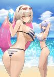  2girls absurdres armpits arms_up ass azur_lane bangs bare_arms bare_shoulders beach bikini black_hairband blue_hair character_request check_character dido_(azur_lane) eyewear_on_head hairband highres holding holding_innertube innertube looking_at_viewer lordol multiple_girls ocean outdoors parted_lips red_eyes sirius_(azur_lane) standing striped striped_bikini sunglasses swimsuit thighs water white_bikini 