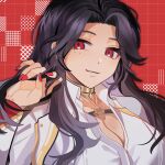  1girl biiji black_hair breasts choker cleavage cleavage_cutout clothing_cutout highres jewelry long_hair looking_at_viewer mole mole_under_eye nail_polish necklace nijisanji nijisanji_en red_background red_eyes scarle_yonaguni shirt smile solo white_shirt 