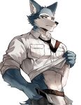  abs anthro beastars bottomwear bulge canid canine canis chung0_0 clothing hi_res jockstrap legoshi_(beastars) male mammal multicolored_body muscular muscular_anthro muscular_male necktie pants pubes shirt solo topwear two_tone_body underwear unzipped unzipped_pants wolf 