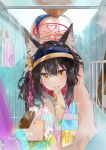  1girl animal_ear_fluff animal_ears black_hair blue_archive blue_shorts blush commentary_request cutoffs dema_hmw denim denim_shorts duplicate food fox_ears fox_girl fox_tail hair_between_eyes halo highres ice_cream izuna_(blue_archive) izuna_(swimsuit)_(blue_archive) looking_at_viewer mouth_hold outstretched_hand pixel-perfect_duplicate short_hair short_shorts shorts solo sparkle sweat tail visor_cap yellow_eyes 