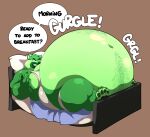 anthro bed belly big_belly black_pawpads body_hair brown_background canid canine canis chef_wuffie dialogue english_text facial_hair fatsomon fur furniture goatee green_body green_facial_hair green_fur hair hairy_belly happy_trail hi_res huge_belly hyper hyper_belly looking_at_viewer lying male mammal moobs mustache narrowed_eyes navel on_back on_bed pawpads pillow rumbling_stomach simple_background solo speech_bubble talking_to_viewer text thick_thighs wolf