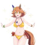  +_+ 1girl animal_ears bead_bracelet beads bikini bracelet clover_hair_ornament commentary_request cow cowboy_shot daruma_doll ear_covers flipped_hair four-leaf_clover_hair_ornament hair_ornament highres horse_ears horse_girl horse_tail jewelry looking_at_viewer matikanefukukitaru_(umamusume) navel open_mouth orange_hair osage_gankyou short_hair simple_background single_ear_cover smile solo sparkle stomach swimsuit tail umamusume white_background yellow_bikini yellow_eyes 