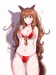  1girl absurdres animal_ears arms_up bikini blush bow breasts brown_hair cleavage closed_mouth collarbone cowboy_shot green_bow green_eyes hair_bow highres horse_ears horse_girl horse_tail large_breasts long_hair looking_at_viewer maruzensky_(umamusume) navel osage_gankyou red_bikini red_ribbon ribbon shadow shirt side-tie_bikini_bottom smile solo stomach swimsuit tail umamusume very_long_hair white_shirt 