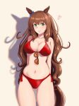  1girl absurdres animal_ears arms_up bikini blush bow breasts brown_hair cleavage closed_mouth collarbone cowboy_shot green_bow green_eyes hair_bow highres horse_ears horse_girl horse_tail large_breasts long_hair looking_at_viewer maruzensky_(umamusume) navel osage_gankyou red_bikini red_ribbon ribbon shadow side-tie_bikini_bottom smile solo stomach swimsuit tail umamusume very_long_hair 