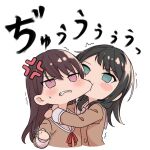  2girls bang_dream! bang_dream!_it&#039;s_mygo!!!!! biting black_hair blue_eyes blush brown_dress brown_hair cheek_biting commentary dress hanasakigawa_school_uniform highres hug long_hair mole mole_under_eye multiple_girls neck_ribbon purple_eyes red_ribbon ribbon sailor_collar sailor_dress school_uniform shiina_taki simple_background sou_(kanade_3344) trembling white_background white_sailor_collar yahata_umiri yuri 