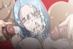  ahegao blue_hair breasts bukkake butcha-u censored copyright_request covered_nipples cum cum_in_mouth cum_on_hair cum_on_tongue cum_string facial fucked_silly glasses large_breasts multiple_penises penis purple_eyes solo_focus 