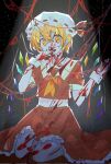  1girl akasasachii ascot blonde_hair blood blood_on_clothes blood_on_face cosplay crystal_wings don_quixote_(project_moon) flandre_scarlet flandre_scarlet_(cosplay) frills hat highres limbus_company looking_at_viewer mob_cap project_moon red_eyes red_shirt red_skirt ribbon shirt short_hair short_sleeves sitting skirt solo spoilers touhou wide-eyed wings yellow_eyes 