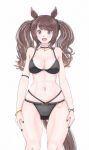  1girl animal_ears ass_visible_through_thighs bikini black_bikini black_nails blush breasts brown_hair cleavage commentary_request grey_eyes highres horse_ears horse_girl horse_tail medium_breasts nail_polish navel open_mouth osage_gankyou simple_background smile solo stomach swimsuit tail thighs tosen_jordan_(umamusume) twintails umamusume white_background 