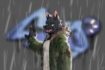 2018 anthro canid canine canis clothed clothing fur gakujo hoodie imptumb male mammal raining solo 