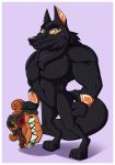  anthro black_fur black_nose canid canine canis featureless_crotch fist fur green_eyes joelasko looking_at_viewer male mammal mask muscular muscular_male neck_tuft nude purple_background simple_background solo standing tuft victor_faust wolf 