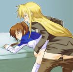  bent_over blonde_hair bonbonbobon brown_hair brown_legwear closed_eyes doggystyle fate_testarossa implied_futanari long_hair long_sleeves lyrical_nanoha mahou_shoujo_lyrical_nanoha_strikers military military_uniform multiple_girls pantyhose pantyhose_pull sex side_ponytail takamachi_nanoha thighhighs tsab_air_military_uniform tsab_executive_military_uniform uniform yuri 