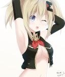  1girl arm_up armpits bad_deviantart_id bad_id blonde_hair blue_eyes breasts crop_top elbow_gloves gloves god_eater_(neptunia) hair_between_eyes hair_ornament highres keenh looking_at_viewer medium_breasts navel neptune_(series) one_eye_closed open_mouth shin_jigen_game_neptune_vii short_hair signature simple_background smile solo stomach third-party_source twintails upper_body white_background 