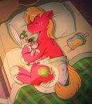 ageplay baby_bottle bed big_macintosh_(mlp) blonde_hair bubblepuppers clothed clothing cutie_mark diaper diaper_fetish diaper_only earth_pony equid equine feral freckles friendship_is_magic fur furniture hair hasbro hi_res horse infantilism male mammal my_little_pony on_bed pacifier pillow pony quadruped red_body red_fur roleplay sleeping smartypants_(mlp) solo topless wearing_diaper