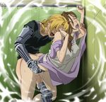  1girl against_wall ahoge apron automail bad_id bad_pixiv_id blonde_hair blush bottomless brown_hair cum cum_in_pussy dress edward_elric fullmetal_alchemist hetero incest izayae mechanical_arm mother_and_son open_mouth ponytail prosthesis saliva sex showering standing time_paradox torso_grab trisha_elric 