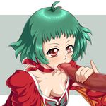  ahoge breasts choker cleavage downblouse farah_oersted fellatio green_hair medium_breasts oral penis pinky_out red_choker red_eyes saliva sato_iori solo_focus tales_of_(series) tales_of_eternia tongue 