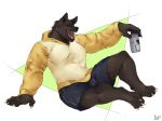  2018 alcohol anthro beer beverage canid canine canis clothed clothing fur gakujo hoodie imptumb male mammal shorts solo wolf 