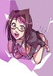  breasts brown_hair covered_nipples cum glasses kneeling large_breasts live_on_cardliver_kakeru necktie nipples open_mouth red_eyes shinki_yuu skirt skirt_lift solo tongue uchiuchi_keyaki 