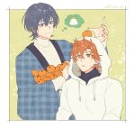  2boys arm_up black_shirt blue_eyes blue_hair blue_robe border byleth_(fire_emblem) byleth_(male)_(fire_emblem) closed_mouth commentary dark_blue_hair drawstring f_ico_e fire_emblem fire_emblem:_three_houses food food_on_head fruit hair_between_eyes hands_out_of_frame holding holding_food holding_fruit hood hood_up hoodie image_in_thought_bubble layered_clothes layered_sleeves looking_at_another male_focus mandarin_orange multiple_boys object_on_head open_clothes open_robe orange_eyes orange_hair outside_border parted_lips plaid_clothes plaid_robe robe shirt smile sweat sweatdrop sylvain_jose_gautier tareme thought_bubble turtleneck twitter_username upper_body white_border white_hoodie white_shirt wide_sleeves 