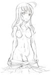  ahoge arika_yumemiya breasts calpara futanari greyscale long_hair medium_breasts monochrome my-otome nude pants_pull penis solo undressing water wet 