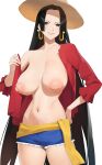  1girl absurdres bangs bare_shoulders black_hair blue_eyes blue_shorts boa_hancock breasts collarbone cosplay earrings hand_on_hip hat highres jewelry kt_(kusare171) large_breasts lips long_hair looking_at_viewer monkey_d._luffy monkey_d._luffy_(cosplay) navel nipples off_shoulder one_piece open_clothes parted_bangs shiny shiny_skin shorts simple_background smile snake_earrings solo stomach very_long_hair white_background 