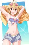  1girl ahoge armpits bikini blonde_hair blue_sky breasts brown_hair commentary_request denim denim_shorts earrings eyewear_on_head floral_print hands_up heart heart-shaped_eyewear ibuki_tsubasa idolmaster idolmaster_million_live! jewelry large_breasts lens_flare looking_at_viewer navel open_clothes open_shorts print_bikini short_hair shorts sky solo sunglasses swimsuit taka_(suigendou) 